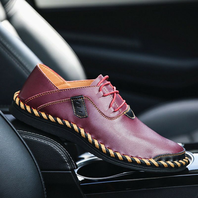 Zapatos De Hombre De Gran Tamaño Cuero Genuino Con Cordones Costura A Mano Casual Oxfords