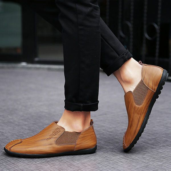 Zapatos Hombres Casual Costura A Mano Cuero Genuino Elástico Plano Oxfords