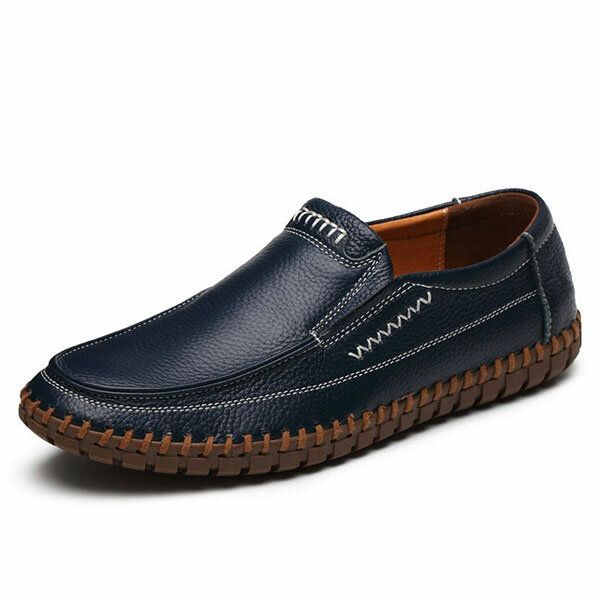 Zapatos Hombres Cuero Genuino Costura A Mano Suela Suave Slip On Oxfords