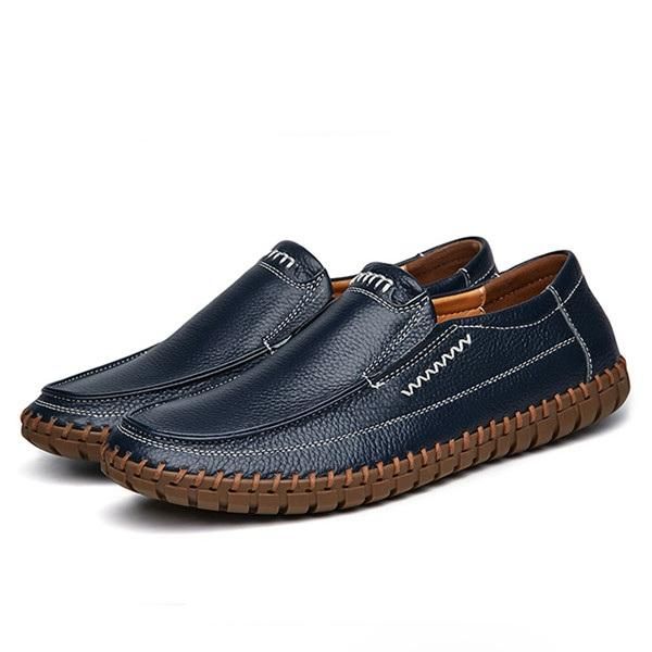 Zapatos Hombres Cuero Genuino Costura A Mano Suela Suave Slip On Oxfords