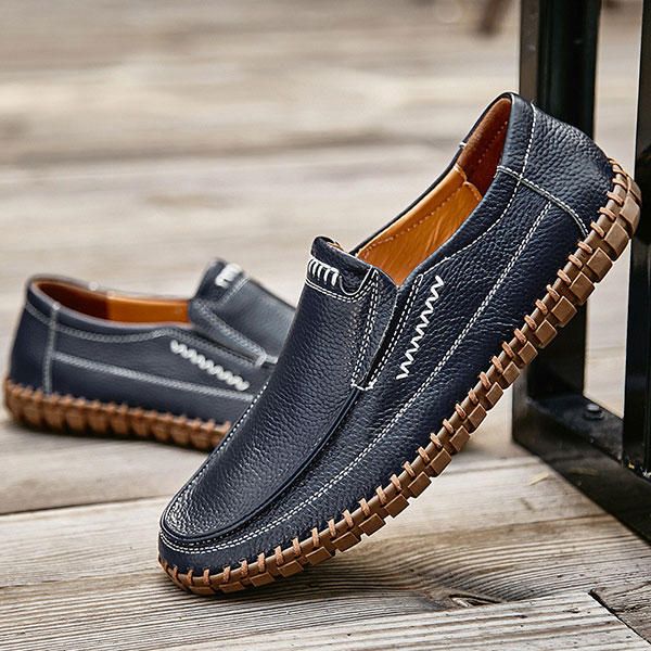 Zapatos Hombres Cuero Genuino Costura A Mano Suela Suave Slip On Oxfords