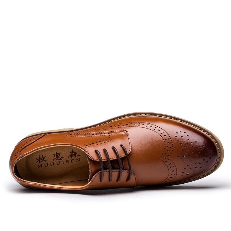 Zapatos Oxford Informales De Negocios Tallados Con Brogue De Cuero Genuino