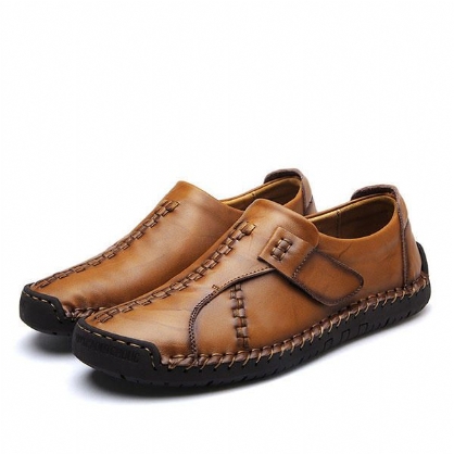 Zapatos Oxford Planos Con Lazo De Gancho De Cuero Genuino Cosido A Mano Con Suela Suave Para Hombres