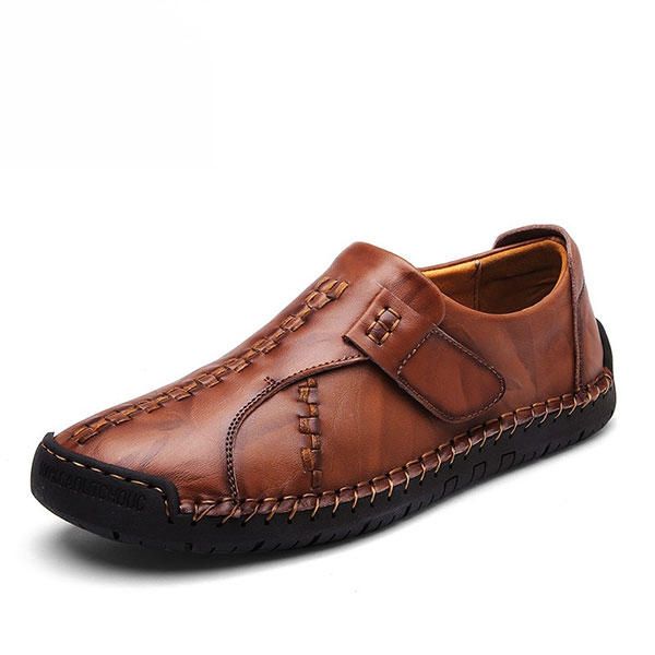 Zapatos Oxford Planos Con Lazo De Gancho De Cuero Genuino Cosido A Mano Con Suela Suave Para Hombres