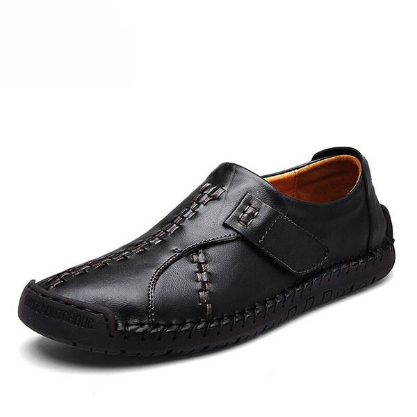 Zapatos Oxford Planos Con Lazo De Gancho De Cuero Genuino Cosido A Mano Con Suela Suave Para Hombres