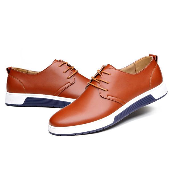 Zapatos Planos De Cuero Para Hombre Informales Al Aire Libre Con Cordones Suaves Con Punta Redonda Oxfords