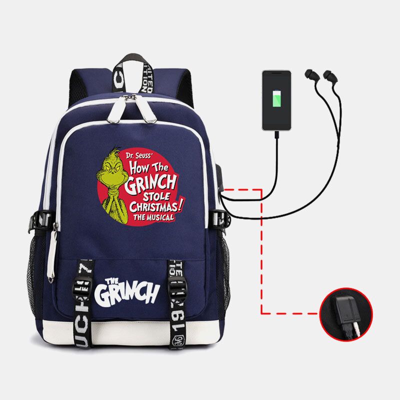 Carga Usb Unisex Festiva Casual Estilo Navideño Cabello Verde Patrón De Monstruo Mochila Escolar Mochila