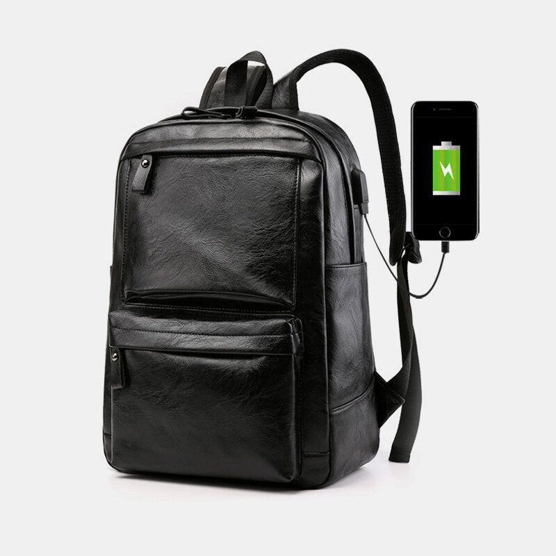 Hombres De Carga Usb De Cuero De Imitación De Negocios Retro De Gran Capacidad Impermeable 15.6 Pulgadas Mochila Para Computadora Portátil