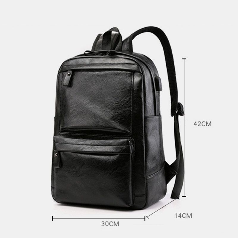 Hombres De Carga Usb De Cuero De Imitación De Negocios Retro De Gran Capacidad Impermeable 15.6 Pulgadas Mochila Para Computadora Portátil