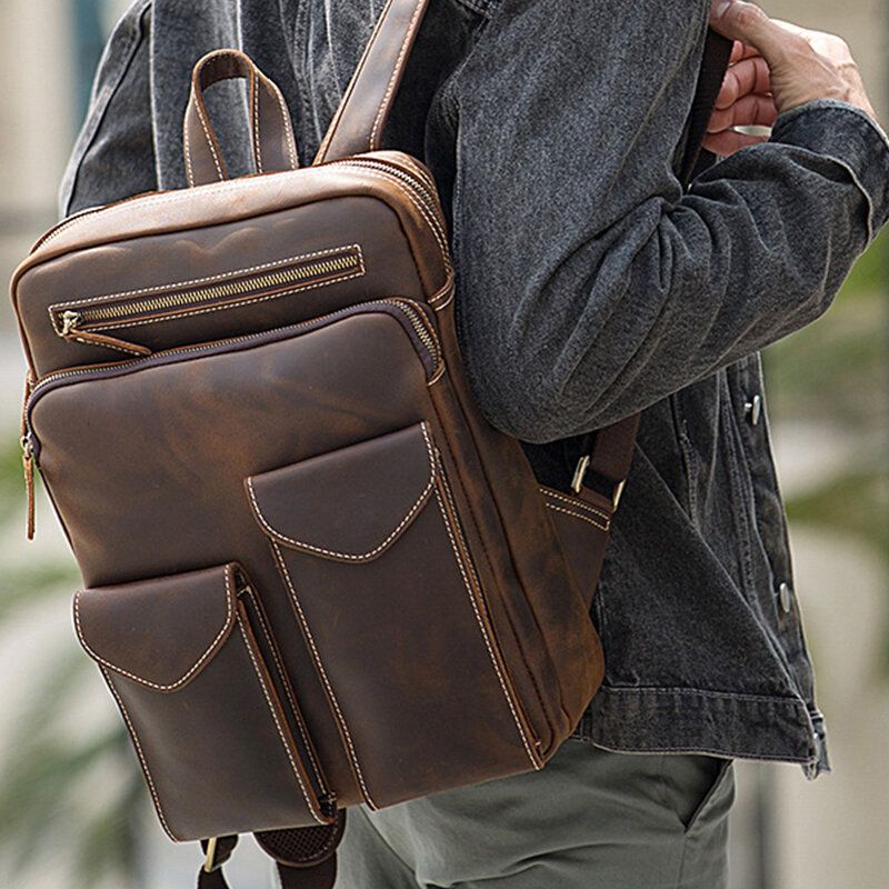 Hombres De Cuero Genuino De Gran Capacidad Retro Casual Moda 14 Pulgadas Bolsa Para Computadora Portátil Bolsa De Viaje Mochila De Negocios