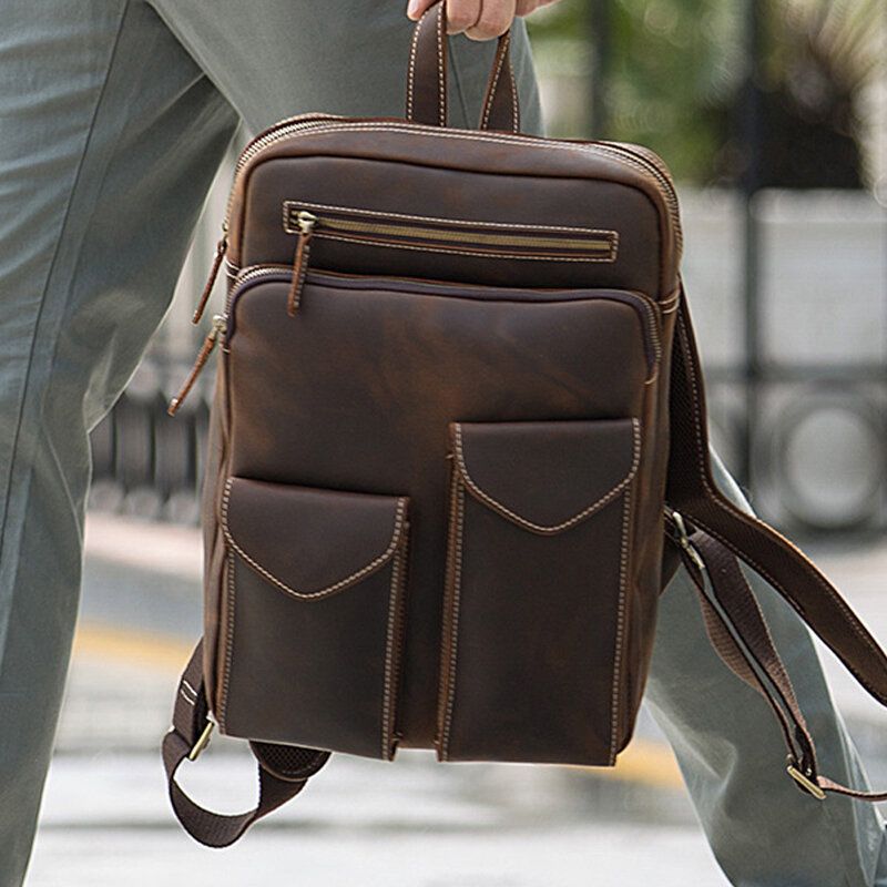 Hombres De Cuero Genuino De Gran Capacidad Retro Casual Moda 14 Pulgadas Bolsa Para Computadora Portátil Bolsa De Viaje Mochila De Negocios