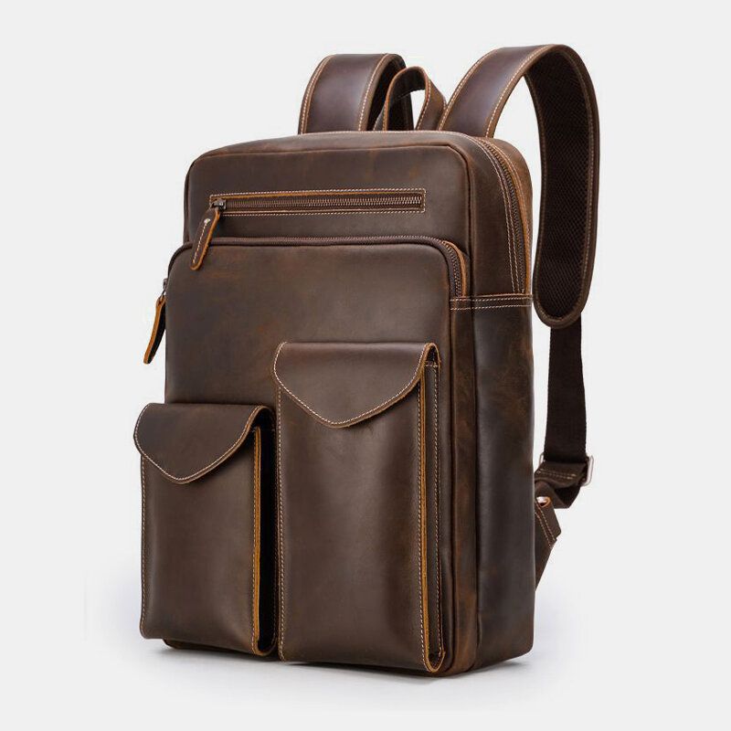 Hombres De Cuero Genuino De Gran Capacidad Retro Casual Moda 14 Pulgadas Bolsa Para Computadora Portátil Bolsa De Viaje Mochila De Negocios