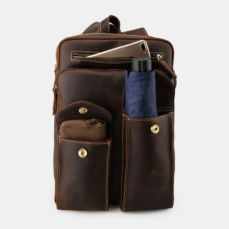 Hombres De Cuero Genuino De Gran Capacidad Retro Casual Moda 14 Pulgadas Bolsa Para Computadora Portátil Bolsa De Viaje Mochila De Negocios