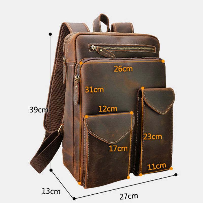 Hombres De Cuero Genuino De Gran Capacidad Retro Casual Moda 14 Pulgadas Bolsa Para Computadora Portátil Bolsa De Viaje Mochila De Negocios