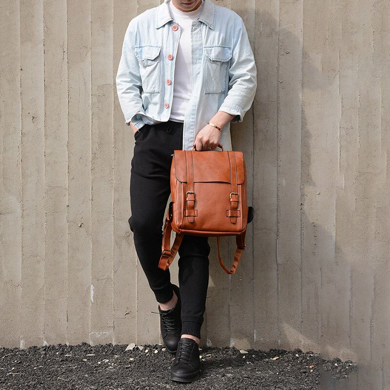 Hombres De Cuero De Imitación Retro Negocios Al Aire Libre Impermeable Mochila Escolar De Gran Capacidad Mochila