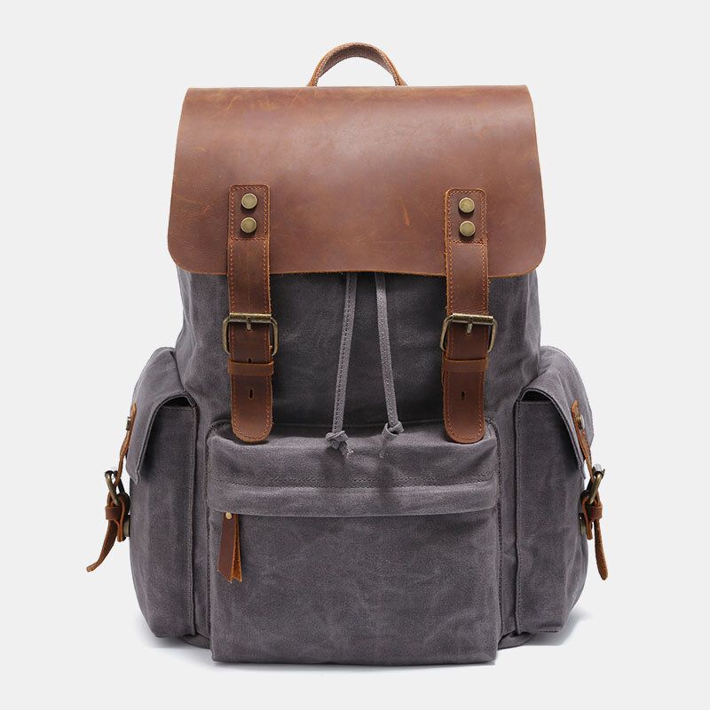 Hombres Lona Cuero Genuino Piel De Vaca Retro Gran Capacidad 14 Pulgadas Bolsa Para Computadora Portátil Mochila Impermeable