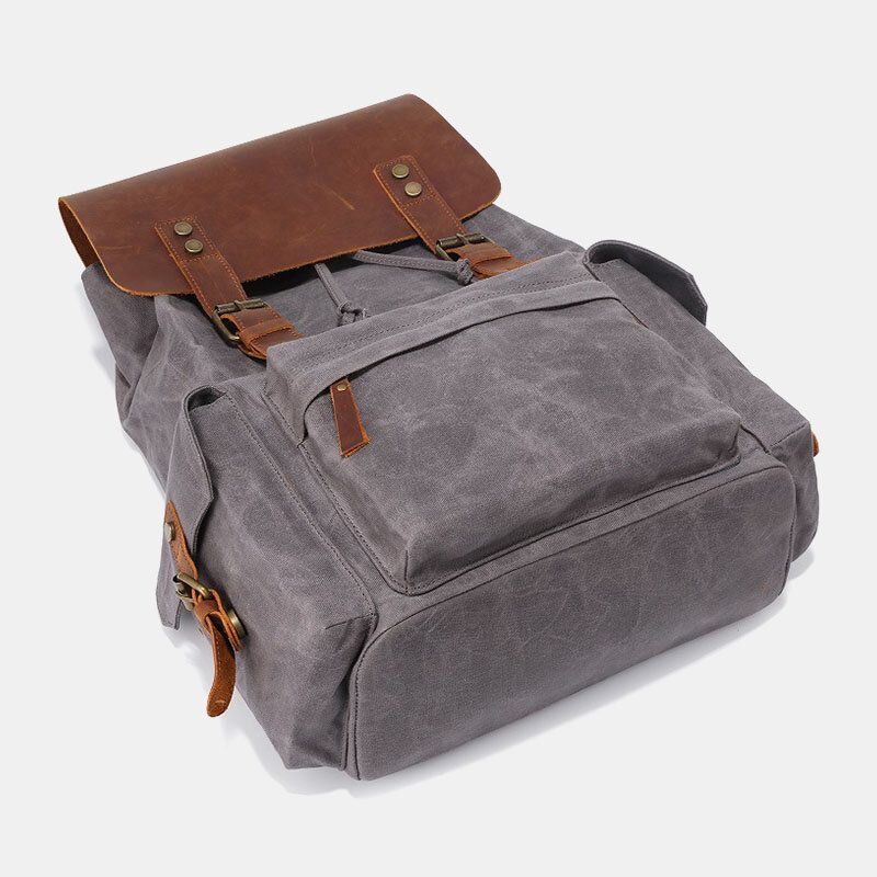 Hombres Lona Cuero Genuino Piel De Vaca Retro Gran Capacidad 14 Pulgadas Bolsa Para Computadora Portátil Mochila Impermeable