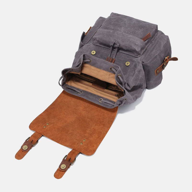 Hombres Lona Cuero Genuino Piel De Vaca Retro Gran Capacidad 14 Pulgadas Bolsa Para Computadora Portátil Mochila Impermeable