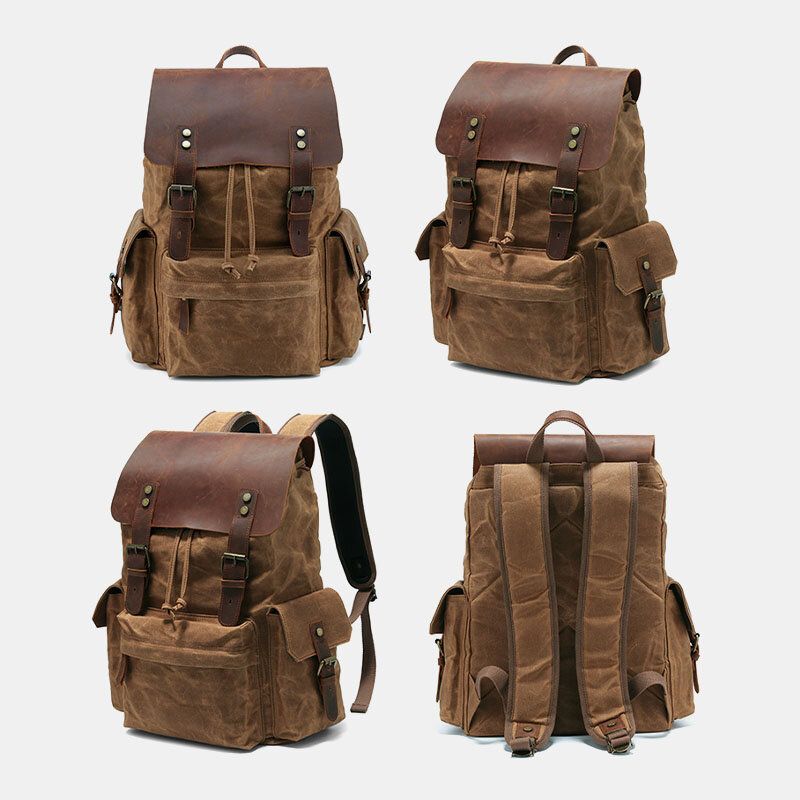 Hombres Lona Cuero Genuino Piel De Vaca Retro Gran Capacidad 14 Pulgadas Bolsa Para Computadora Portátil Mochila Impermeable