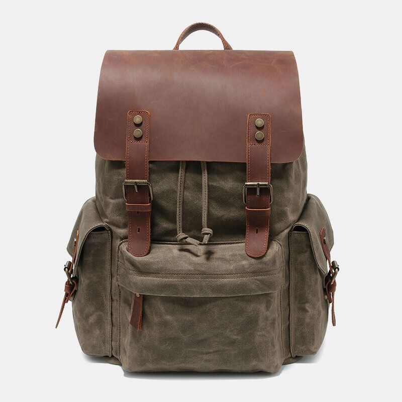 Hombres Lona Cuero Genuino Piel De Vaca Retro Gran Capacidad 14 Pulgadas Bolsa Para Computadora Portátil Mochila Impermeable