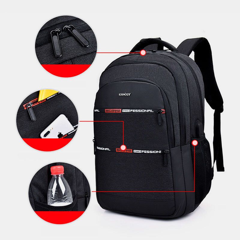 Hombres Nylon Carga Usb Impermeable Gran Capacidad 15.6 Pulgadas Bolsa Para Computadora Portátil Mochila De Viaje