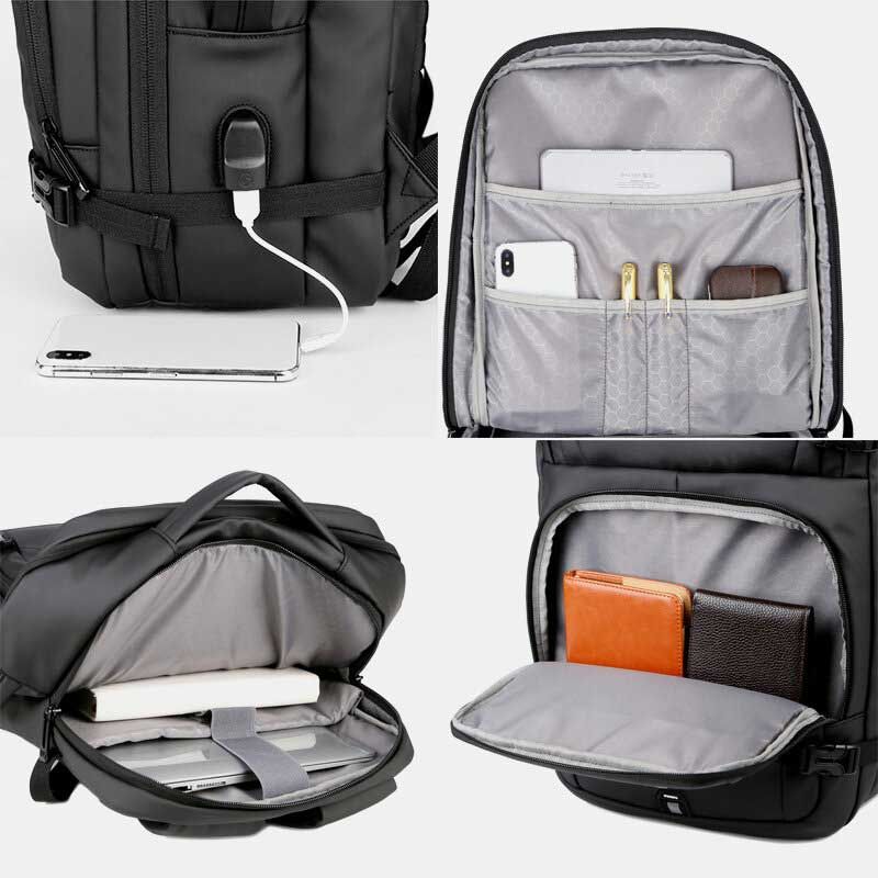 Hombres Nylon De Gran Capacidad 14 Pulgadas Bolsa Para Computadora Portátil Mochila De Viaje Informal De Negocios Multicapas Con Carga Usb