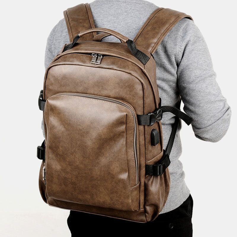 Hombres Pu Cuero Carga Usb Negocios Casual Impermeable 14 Pulgadas Bolsa Para Computadora Portátil Mochila Escolar Para Estudiantes Mochila Ajustable