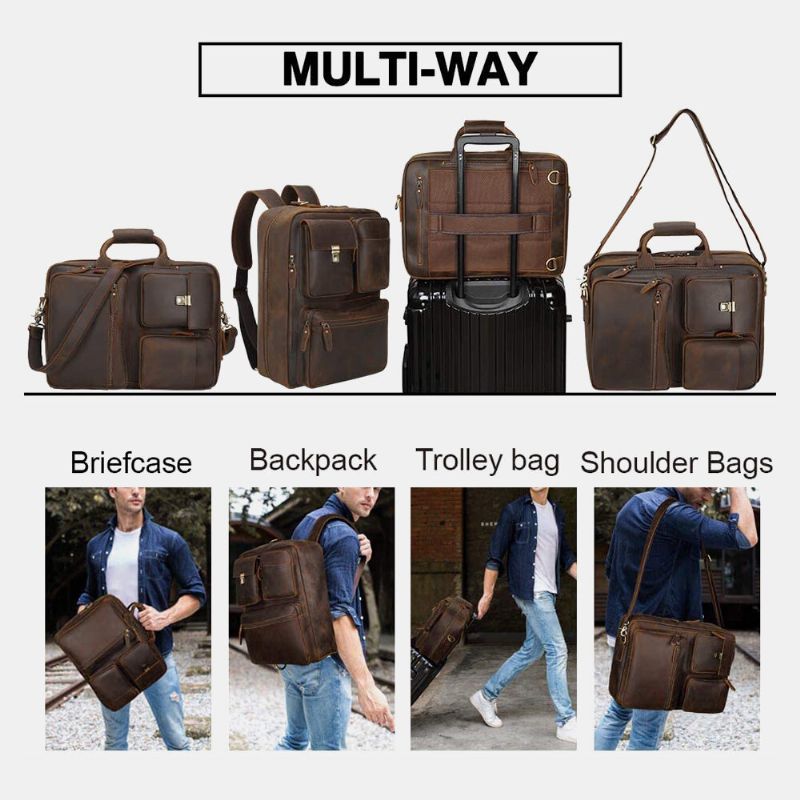 Hombres Pu Cuero Multi-carry Multi-pocket 14 Pulgadas Bolsa Para Computadora Portátil Mochila Maletín Convertible Bolso Bandolera Bolsa De Viaje