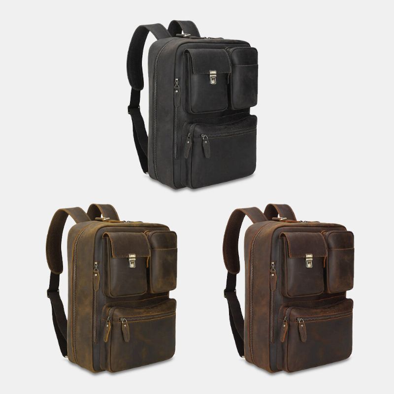 Hombres Pu Cuero Multi-carry Multi-pocket 14 Pulgadas Bolsa Para Computadora Portátil Mochila Maletín Convertible Bolso Bandolera Bolsa De Viaje