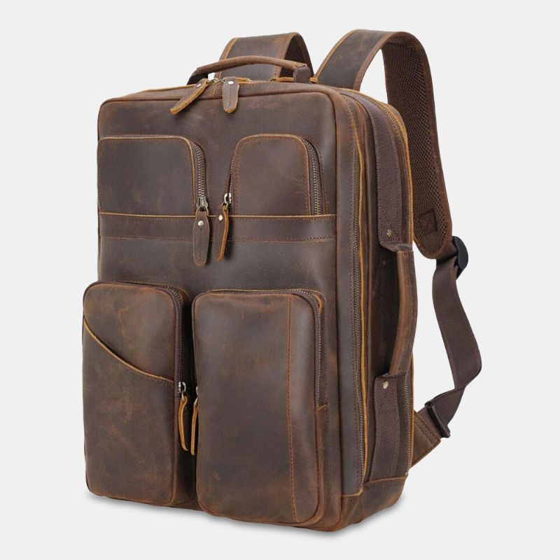 Hombres Pu Cuero Multifunción Gran Capacidad Multi-bolsillos Vintage 15.6 Pulgadas Bolsa Para Computadora Portátil Mochila De Viaje