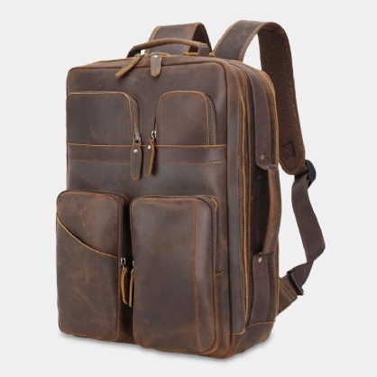 Hombres Pu Cuero Multifunción Gran Capacidad Multi-bolsillos Vintage 15.6 Pulgadas Bolsa Para Computadora Portátil Mochila De Viaje