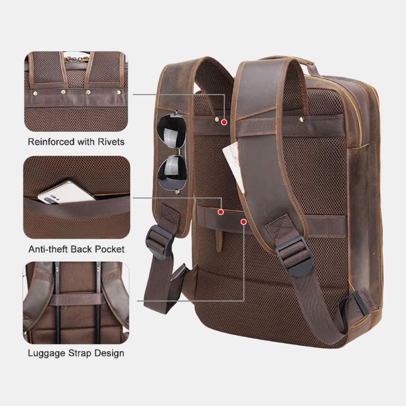 Hombres Pu Cuero Multifunción Gran Capacidad Multi-bolsillos Vintage 15.6 Pulgadas Bolsa Para Computadora Portátil Mochila De Viaje