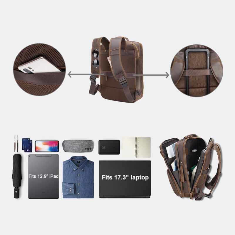 Hombres Pu Cuero Multifunción Gran Capacidad Multi-bolsillos Vintage 15.6 Pulgadas Bolsa Para Computadora Portátil Mochila De Viaje