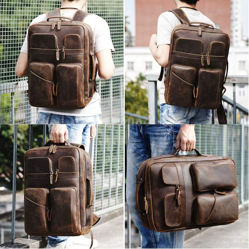 Hombres Pu Cuero Multifunción Gran Capacidad Multi-bolsillos Vintage 15.6 Pulgadas Bolsa Para Computadora Portátil Mochila De Viaje