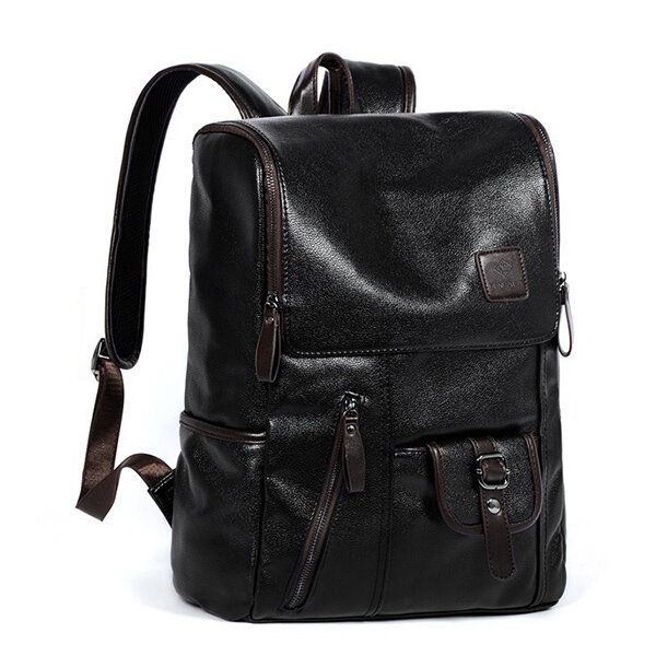 Hombres Pu Cuero Sólido Vintage Mochila De Gran Capacidad Bolsa De Hombro Con Carga Usb