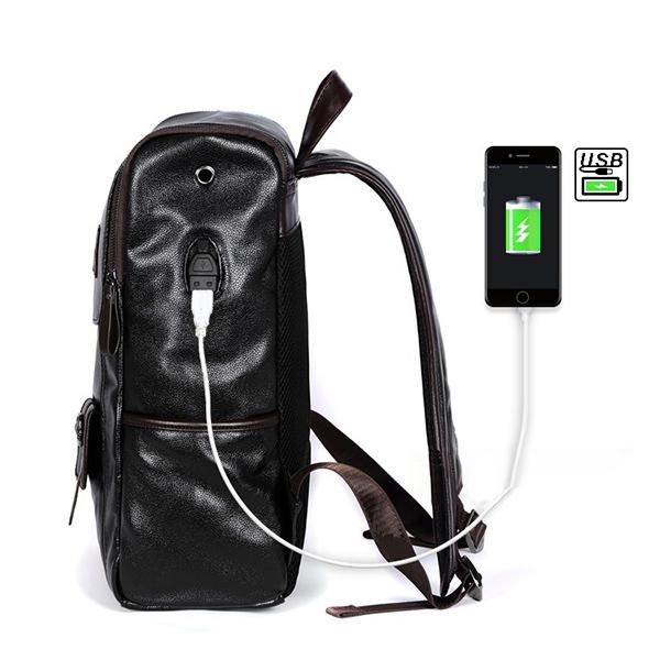 Hombres Pu Cuero Sólido Vintage Mochila De Gran Capacidad Bolsa De Hombro Con Carga Usb