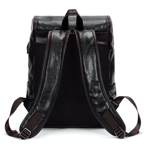 Hombres Pu Cuero Sólido Vintage Mochila De Gran Capacidad Bolsa De Hombro Con Carga Usb