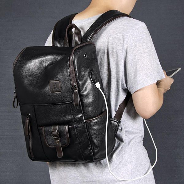 Hombres Pu Cuero Sólido Vintage Mochila De Gran Capacidad Bolsa De Hombro Con Carga Usb