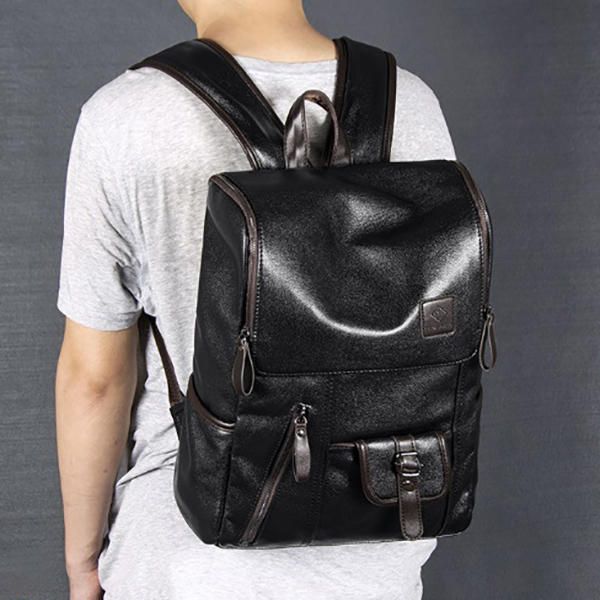 Hombres Pu Cuero Sólido Vintage Mochila De Gran Capacidad Bolsa De Hombro Con Carga Usb