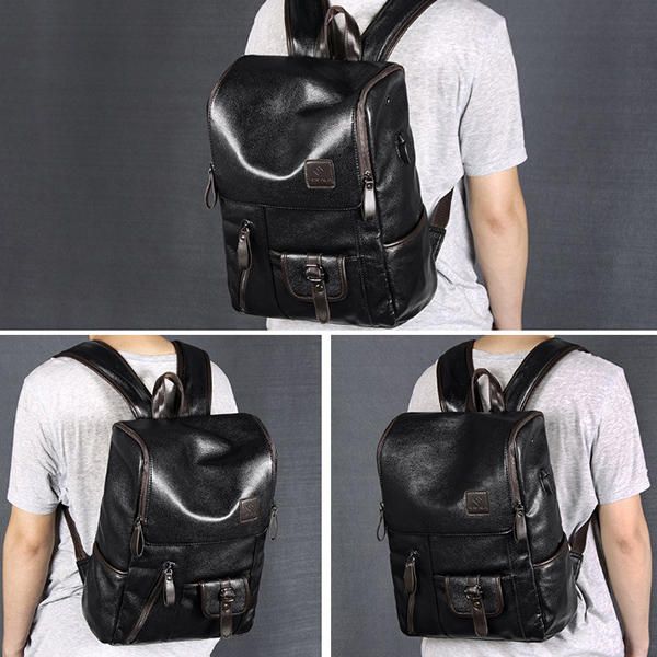 Hombres Pu Cuero Sólido Vintage Mochila De Gran Capacidad Bolsa De Hombro Con Carga Usb