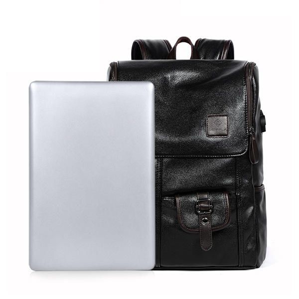 Hombres Pu Cuero Sólido Vintage Mochila De Gran Capacidad Bolsa De Hombro Con Carga Usb