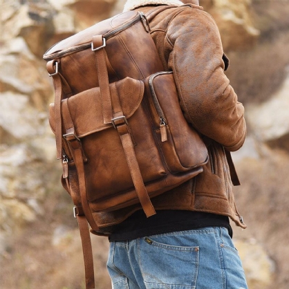 Hombres Pu Cuero Vintage Estilo De Negocios Color Sólido Multibolsillos Bolsa Para Computadora Portátil De 15 Pulgadas Bolsa De Viaje Mochila