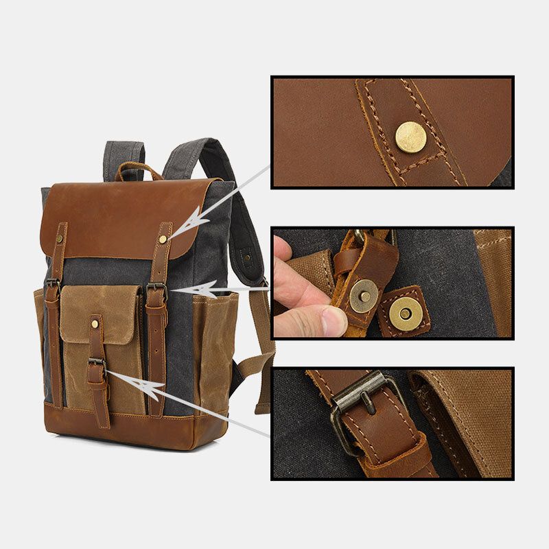 Hombres Retro Vintage Lona Mochila De Cuero Bolsa De Escalada Deportiva Mochila Antirrobo De Viaje