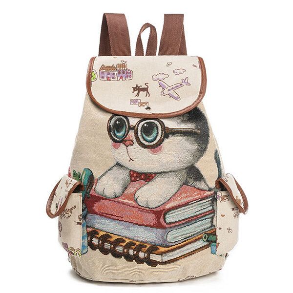 Lienzo Casual Dibujos Animados Gato Patrón Mochila Escolar Mochila Bolsos De Hombro Bolsos Para Estudiantes