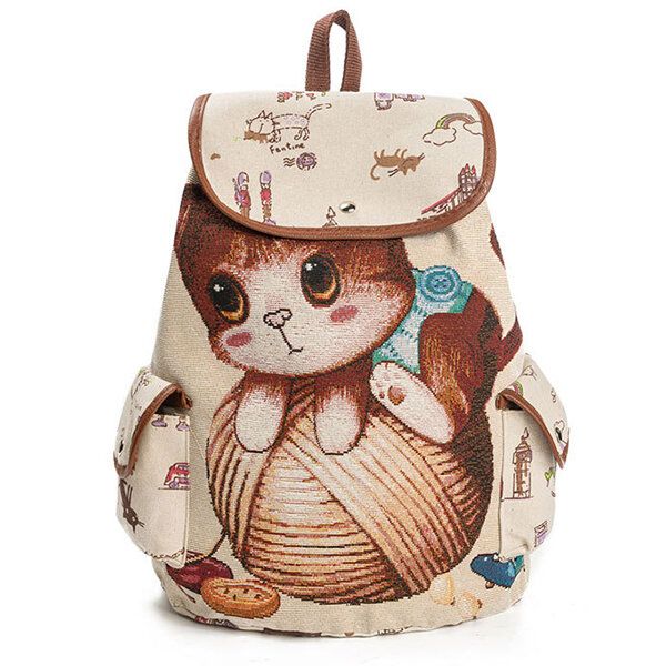 Lienzo Casual Dibujos Animados Gato Patrón Mochila Escolar Mochila Bolsos De Hombro Bolsos Para Estudiantes