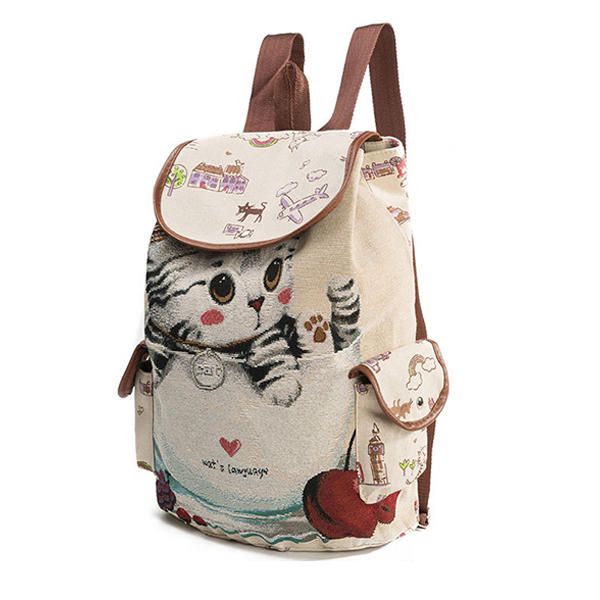 Lienzo Casual Dibujos Animados Gato Patrón Mochila Escolar Mochila Bolsos De Hombro Bolsos Para Estudiantes