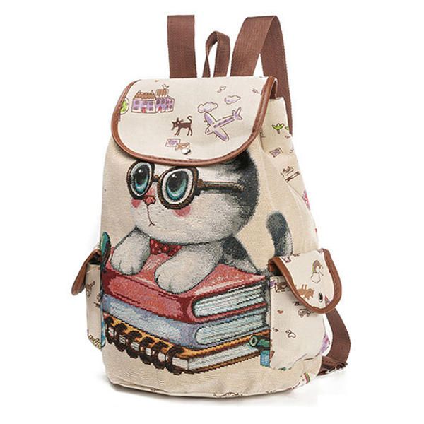 Lienzo Casual Dibujos Animados Gato Patrón Mochila Escolar Mochila Bolsos De Hombro Bolsos Para Estudiantes