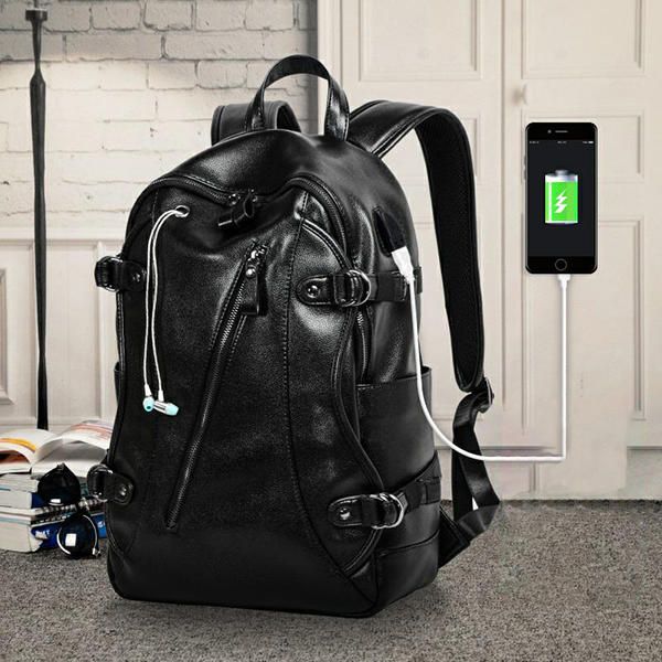 Mk Men Faux Leather Fashion Mochila De Ocio Con Carga Usb Bolsa De Viaje