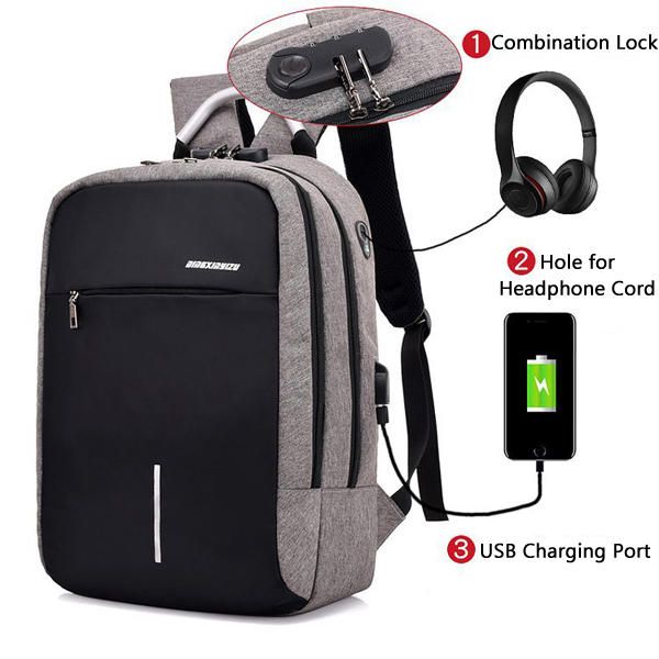 Mochila Antirrobo Para Portátil De Viaje Con Cerradura De Combinación Y Puerto De Carga Usb