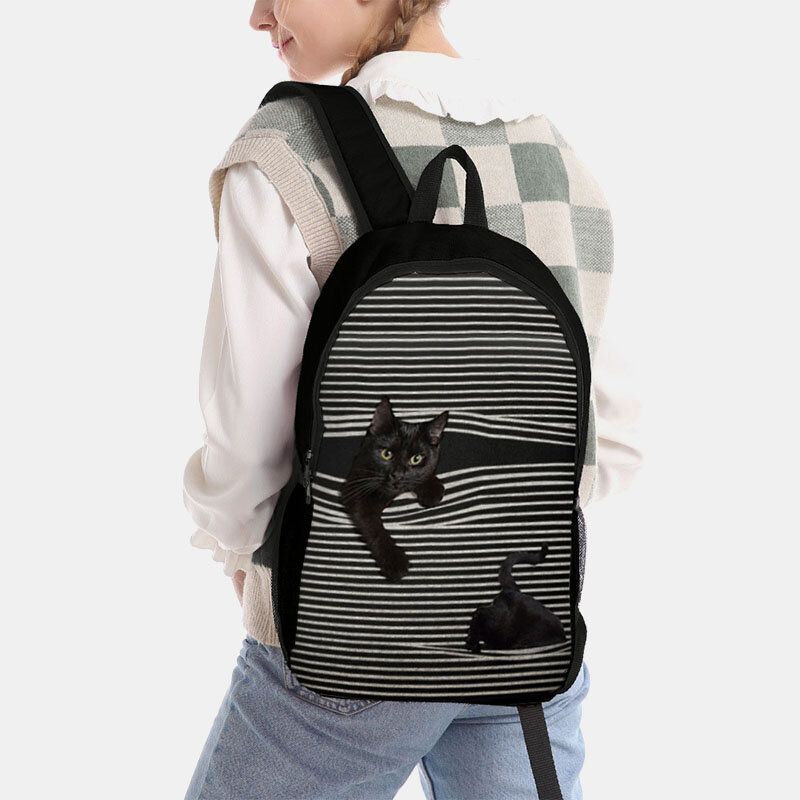 Mochila Con Estampado De Rayas De Gato De Dibujos Animados De Gran Capacidad De Tela Oxford Para Mujer